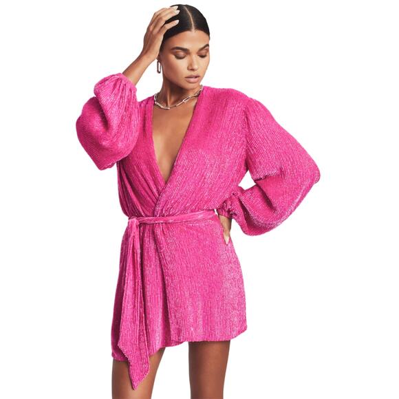 Retrofete Dress Womens Medium Hot Pink Gabrielle Sequin Robe Mini Wrap Belted - Picture 1 of 15